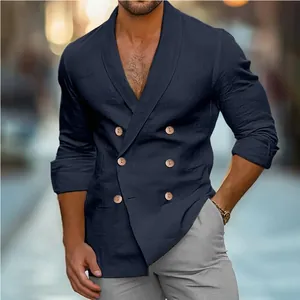 Close-up of a men's navy blue double-breasted casual shirt jacket with buttons