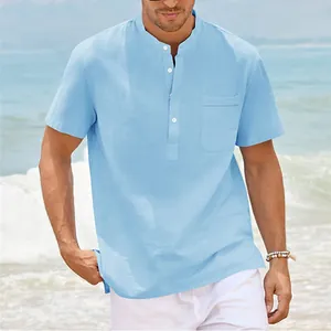 Men's casual light blue short sleeve linen shirt with a stand collar and chest pocket