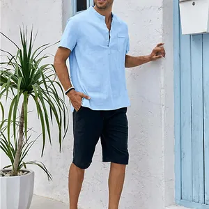 Men's casual light blue short sleeve henley shirt with stand collar in a loose fit