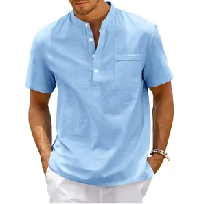 Detail view of light blue linen-textured shirt with mandarin collar and chest pocket