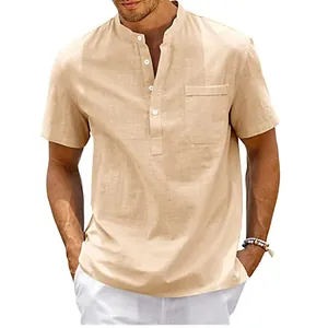 Detail view of men's beige linen-textured shirt with mandarin collar and chest pocket