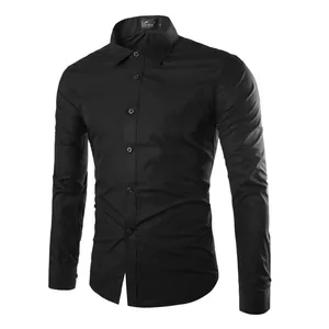 Chemise habillée élégante à manches longues pour hommes, coupe ajustée, noir uni classique