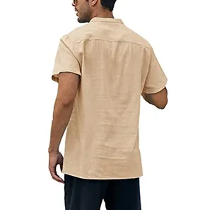 Back view of a casual men's beige linen shirt with stand-up collar and short sleeves