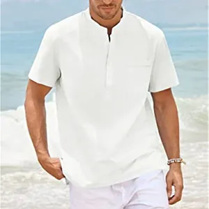 Detailed view of men's casual white short sleeve shirt with a stylish stand-up collar