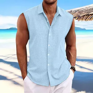 Men's stylish sleeveless cotton linen beach shirt in light blue color on model