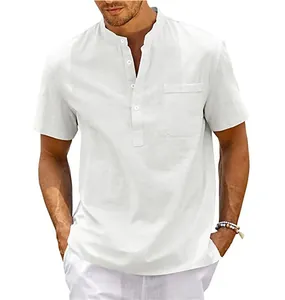 Men's casual white linen short sleeve shirt with stand collar and chest pocket detail