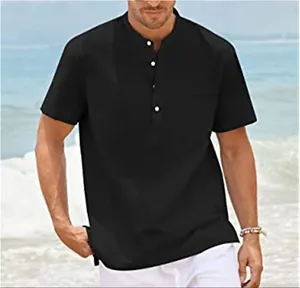 Men's casual short sleeve mandarin collar henley shirt in black with button details.