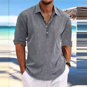 Men's Casual Cotton Linen Blend Henley Shirt Long Sleeve Pullover Loose Fit Fashion Holiday Beach Shirt Solid Color Top