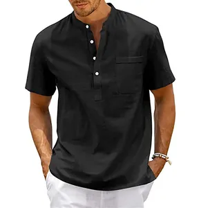 Detailed view of men's black short-sleeve casual shirt with a stand collar and pocket