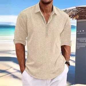 Men's casual sand linen long sleeve henley shirt perfect for summer beach vacations