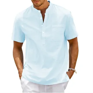 Detail of a light blue men's short-sleeved linen shirt with stand collar and pocket
