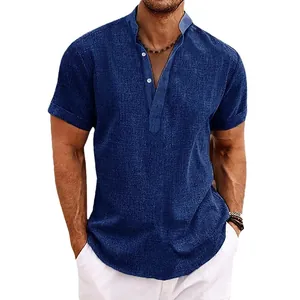 Stylish men's summer navy blue Henley neck short sleeve shirt with breathable linen texture