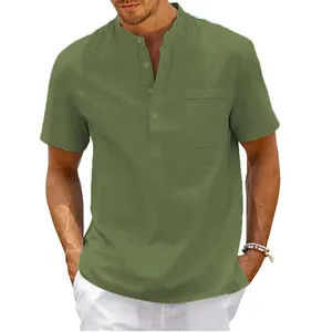 Detailed view of a men's olive green stand collar short sleeve shirt with pocket