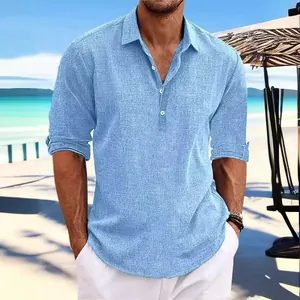 Light blue men's casual linen-textured pullover shirt for beach vacation