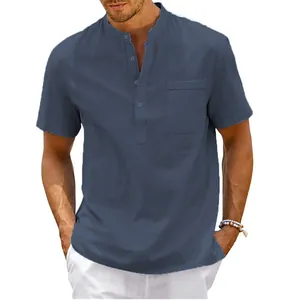 Front view of a men's navy short-sleeved shirt with Mandarin collar and pocket