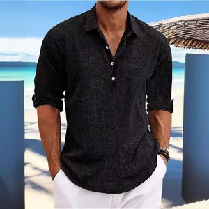 Men's black textured long sleeve linen shirt perfect for beach vacation casual wear