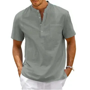 Close-up detail of grey linen-like short sleeve henley shirt for men with pocket