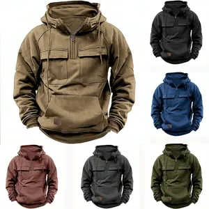 Men's tactical workwear hoodie shown in multiple colors featuring chest pockets and hood