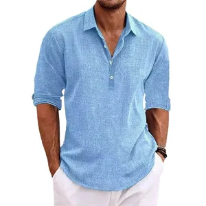 Men's light blue loose long sleeve linen shirt, casual fashion pullover henley style