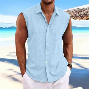 Men's Casual Hawaiian Sleeveless Shirt Cotton Lapel Button Down Solid Color Beach Vacation Loose Fit Comfortable Top