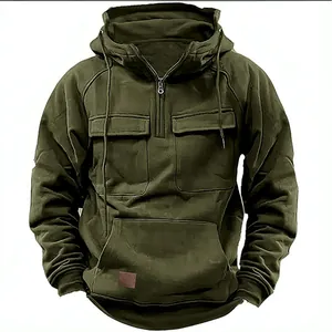 Detail view of men's army green tactical hoodie with chest pockets and half-zip