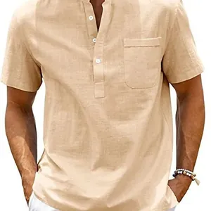 Men's casual short sleeve Henley shirt with chest pocket in khaki linen-style fabric