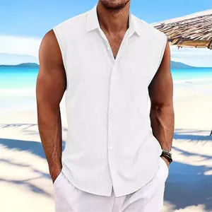 White sleeveless cotton linen men's shirt perfect for summer beach Hawaii vacation