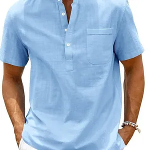 Casual light blue men's short-sleeve linen shirt with a stand collar and pocket