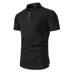 Camicia casual nera da uomo con colletto alla coreana e maniche corte stile vintage