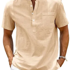 Men's casual linen short sleeve shirt featuring a mandarin collar and front pocket