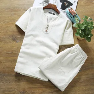 Herren Sommer Freizeit Leinen Oberteil Und Unterteil Set Einfarbig Drei Knöpfe Henley Kurzarm T-Shirt Und Shorts Outfit