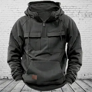 Men Solid Color Workwear Hoodie Half Zip Loose Pullover Casual Sweatshirt with Multi Pockets Outdoor Autumn Winter Top