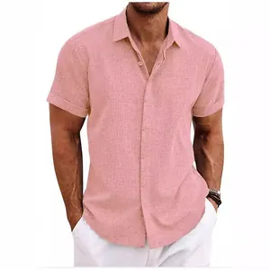 Camicia da Uomo Casual in Lino a Manica Corta Minimalista Tinta Unita Rever Bottoni Top per Estate Spiaggia Camicia Larga