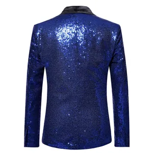 Back view detail of blue sequin men's blazer for stage performance and club wear.
