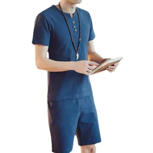 Herren-Set aus Baumwolle und Leinen, dunkelblaues T-Shirt und Shorts, Freizeitanzug
