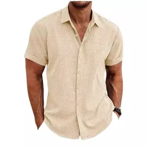 Camicia casual da uomo beige a maniche corte con trama in lino per la spiaggia estiva