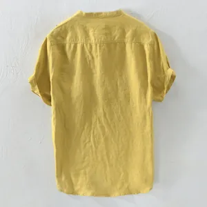 Back view of men's yellow cotton linen short-sleeve shirt with casual relaxed fit