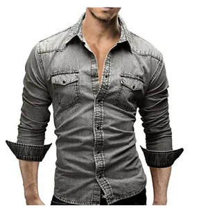 Camisa clásica de mezclilla gris lavada para hombre con manga larga y bolsillos dobles