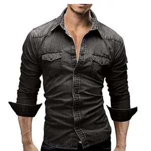 Camisa vaquera de corte entallado y manga larga para hombre con bolsillos en gris oscuro