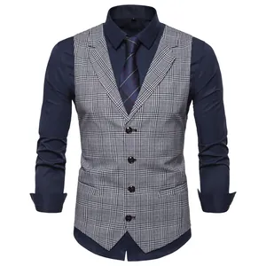 Front view of men's slim fit plaid business waistcoat with single-breasted design