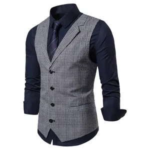 Men's plaid vest with notch lapel and single-breasted buttons in British style