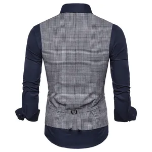 Back view detail of men's British style plaid suit vest with adjustable buckle