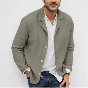 Blazer décontracté pour homme en coton et lin vert olive avec col à revers et boutons simples