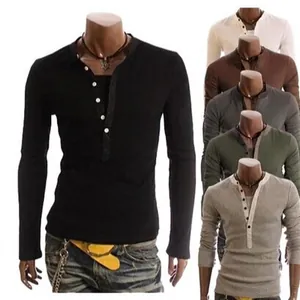 Heren Casual T-Shirt Met Lange Mouwen In Koreaanse Stijl Lagenlook Met Knoopdecoratie Effen Kleur Staande Kraag Top