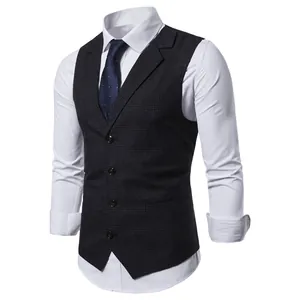 Detail view of men's slim fit plaid vest with notched lapels and single-breasted closure