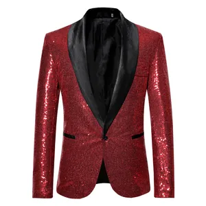 High-quality men's red sequin blazer featuring a black shawl lapel for stage performances