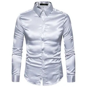 Elegant men's silver satin long sleeve dress shirt with a glossy finish and slim fit