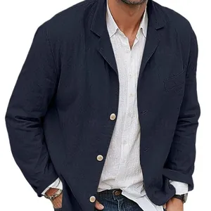 Blazer décontracté en coton lin bleu marine pour hommes avec boutonnage simple