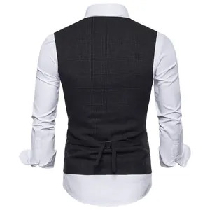 Detailed back view of men's slim fit plaid suit vest with an adjustable waist strap