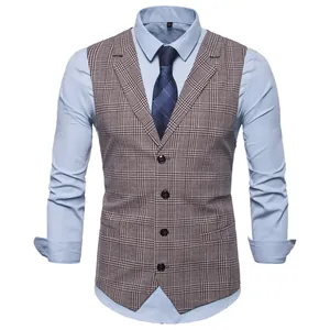 Close-up of a men's plaid vest with single-breasted buttons and blue shirt layering